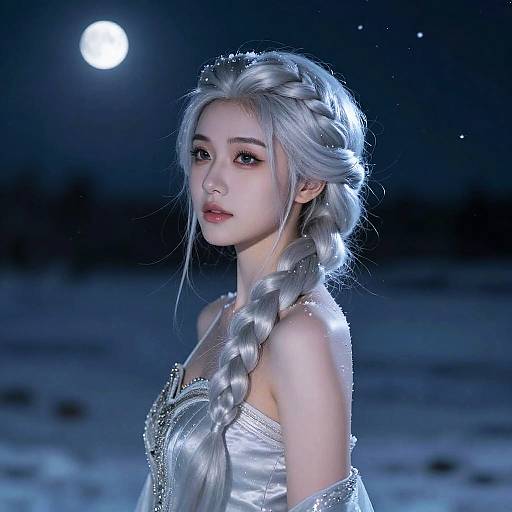Digital artwork of a young woman with silver braided hair, wearing a sparkling white dress, against a moonlit night sky.