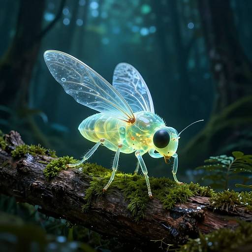 Photorealistic CGI of a glowing, translucent insect with iridescent wings and large black eyes, perched on a moss-covered log in a dark