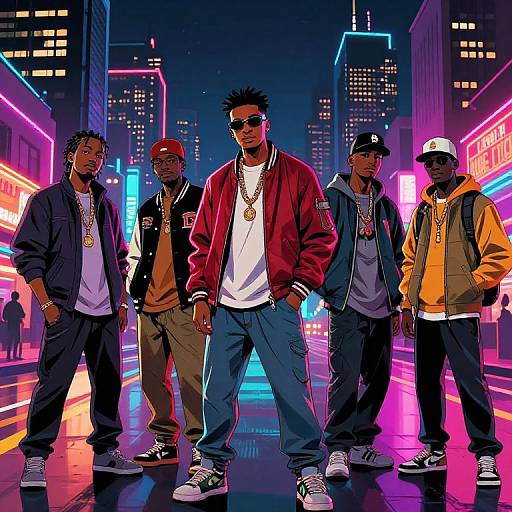 Digital illustration of five Black men in neon-lit urban streetwear, standing confidently on a vibrant city street at night.