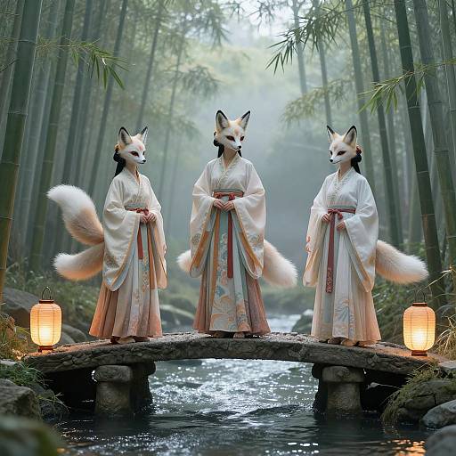 Photograph of three anthropomorphic foxes in traditional Japanese kimonos standing on a wooden bridge in a misty bamboo forest, illuminated by lanterns