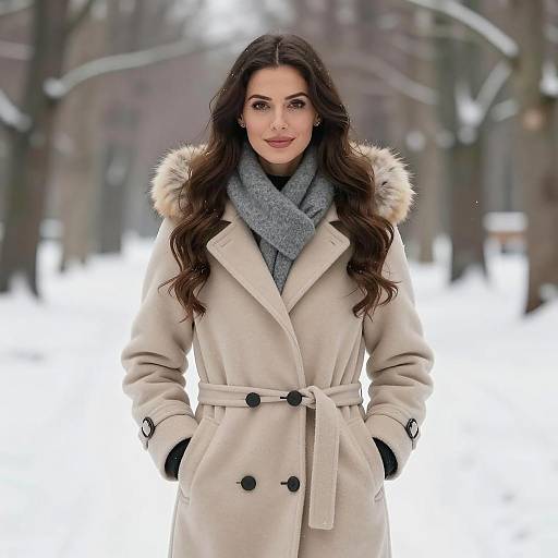 Woman in Beige Wool Coat in Snowy Forest
