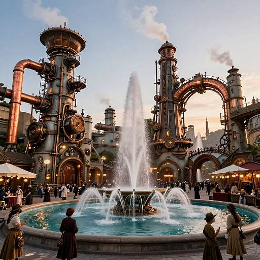 Photograph of a steampunk-style fountain plaza at sunset, with intricate mechanical towers, arched structures, water jets, and people in Victorian attire