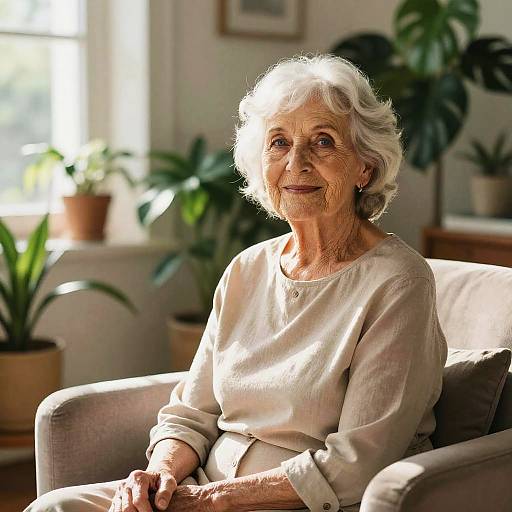 Photograph of an elderly woman with short white hair, wearing a cream-colored blouse, sitting in a sunlit room with potted plants.