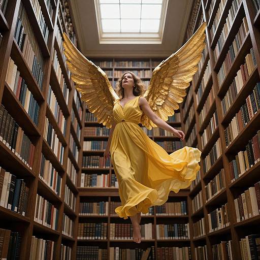 Photograph-style digital art of a woman with golden wings and a flowing yellow dress, mid-flight, in a library aisle.