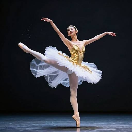 Photograph of a ballet dancer in a golden bodice and white tutu, performing an arabesque with extended leg and arm, against a dark
