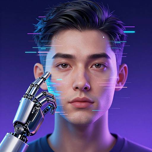 Photorealistic CGI of a young man with short black hair, fair skin, and blue eyes, touched by a futuristic robotic hand, with digital lines
