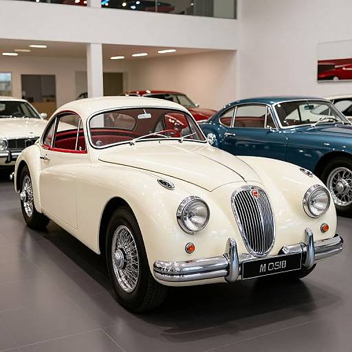 Photograph of a pristine white vintage classic car with chrome grille, round headlights, and wire-spoke wheels, displayed in a modern showroom with other classic