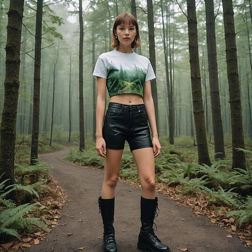Young Woman in Y2K Crop Top and Leather Shorts in Forest