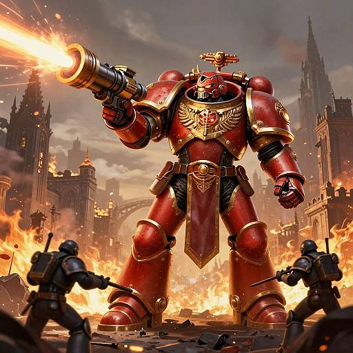 Digital artwork of a red, robotic warrior with a cross emblem, firing a flamethrower in a burning, ruined cityscape, with armed soldiers