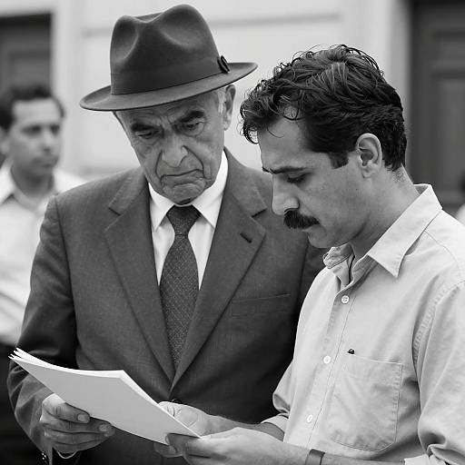 Black and White Photo of Two Men Reviewing Documents