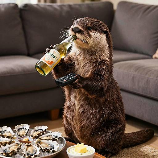 Otter Lounging with Cider and Seafood
