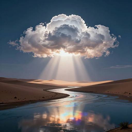 Photograph of a desert landscape with a winding river reflecting sunlight beams from a luminous, cloud-filled sky against a deep blue backdrop.