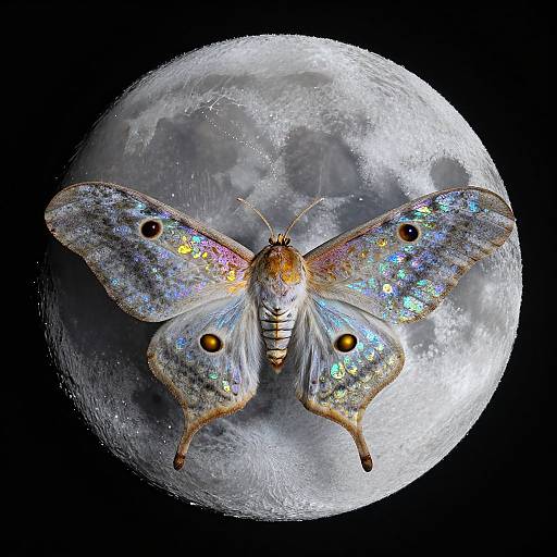 Digital artwork of a iridescent butterfly with multicolored wings and black eye spots, centered on a detailed full moon against a black background.