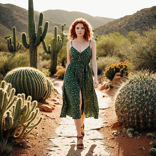 Woman Walking Through Desert Cactus Path