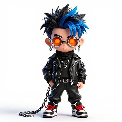 Chibi-style cartoon character with blue and black spiky hair, orange glowing sunglasses, black leather jacket, pants, and sneakers, holding chain.