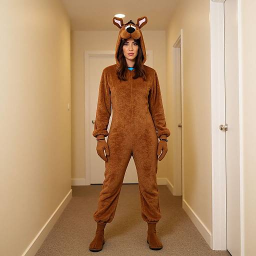 Photograph of a woman in a brown, fuzzy Scooby-Doo costume with antlers, standing in a narrow, beige-walled hallway.