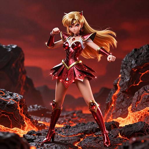 Digital anime-style artwork of a fierce, blonde-haired warrior woman in red armor, standing confidently on a lava-filled, rocky landscape.