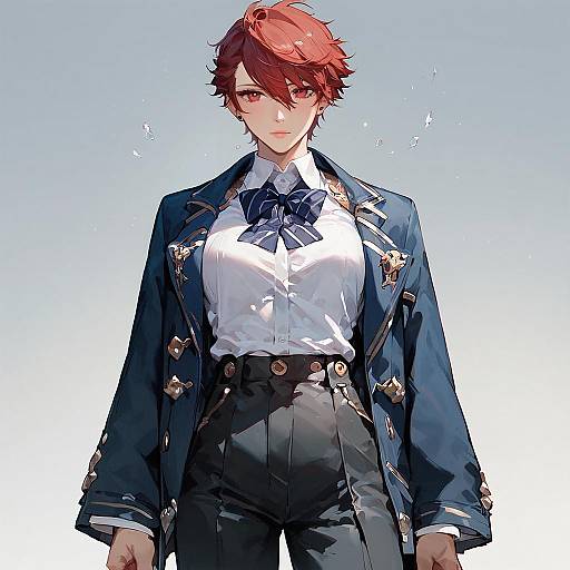Digital anime-style drawing of a red-haired person with androgynous features, wearing a blue military-style jacket with gold buttons, white shirt, and