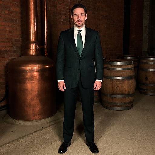 Photograph of a bearded man in a black pinstripe suit, white shirt, and black tie, standing in a dimly lit brick industrial