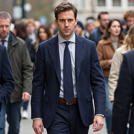Photograph of a serious, handsome man in a dark blue suit, white shirt, and black tie, walking through a crowded urban street. Blurred