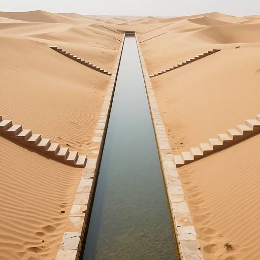 Photograph of a desert landscape with a narrow, vertical water channel flanked by sand dunes with stair-like patterns.