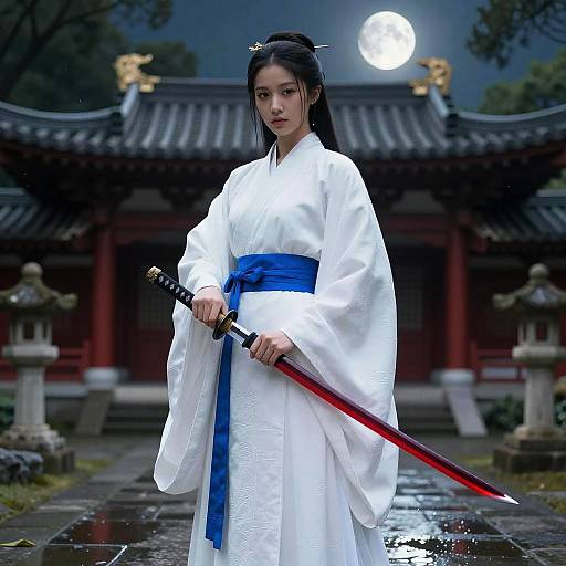 Young Asian Woman in Traditional Robes with Katana under Full Moon