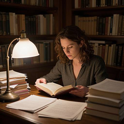 Photograph of a curly-haired woman in a dark shirt, reading under a bright lamp in a dimly lit library, surrounded by stacked books.