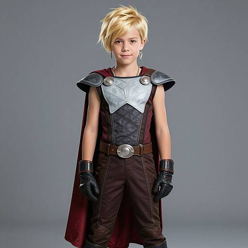 Photograph of a young blonde boy with spiky hair, wearing a silver chest plate, dark brown pants, black gloves, and a red cape,