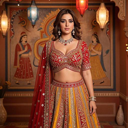Photograph of a beautiful South Asian woman in a vibrant red and gold traditional lehenga with intricate embroidery, standing in an ornately decorated room with lantern