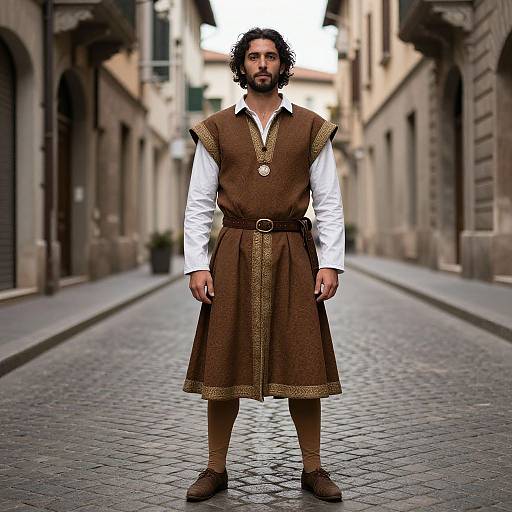 Photograph of a bearded man with curly hair, wearing a brown medieval-style tunic over a white shirt, standing on a cobblestone street
