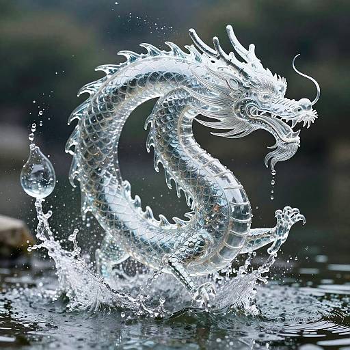 Photograph of a glowing, ethereal, dragon-like creature made of water, splashing and emitting droplets, with a dynamic, swirling motion.
