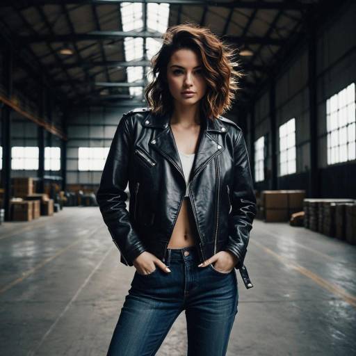 Fashion Woman in Leather Jacket in Warehouse