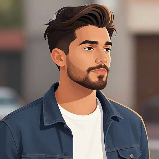 Digital illustration of a handsome, bearded man with dark hair, wearing a blue denim jacket over a white shirt, gazing thoughtfully. Blurred