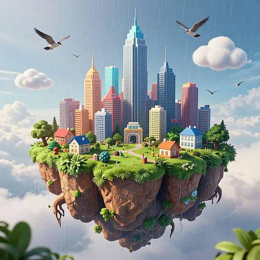 Digital illustration of a floating cityscape with colorful skyscrapers, greenery, houses, and birds, set against a bright blue sky with clouds.