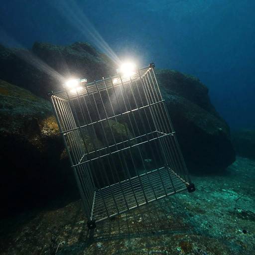 Dramatic Underwater Metal Cage Scene