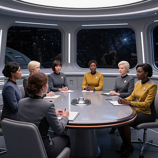 Photograph of six women in futuristic uniforms, seated around a circular table in a space station conference room with large windows.