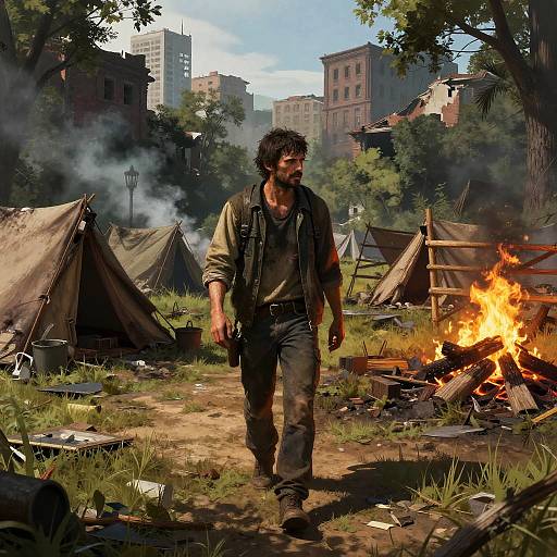 Photograph of a bearded man with disheveled hair, wearing a green jacket and dark pants, walking past a campfire and tents in a