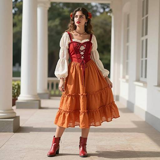 Young Woman in Vintage Autumn Dress Outdoors