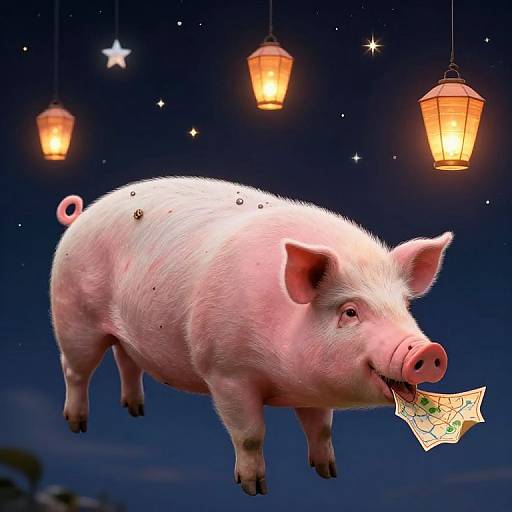CGI image of a floating pink pig with a map in its mouth, under three glowing lanterns in a starry night sky.