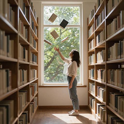 Photograph of a woman with long black hair, white sweater, and blue jeans, tossing books into the air in a sunlit library aisle.