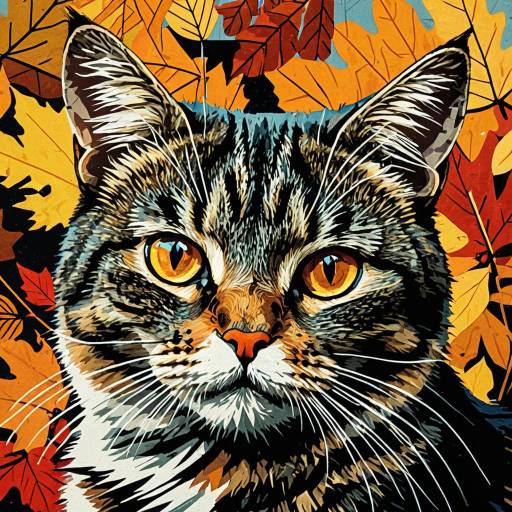 Cubist Cat with Autumn Leaves