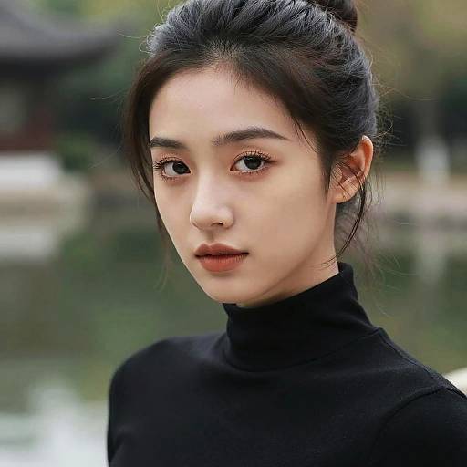 Photograph of a young Asian woman with fair skin, black hair in a bun, wearing a black turtleneck, gazing softly into the camera