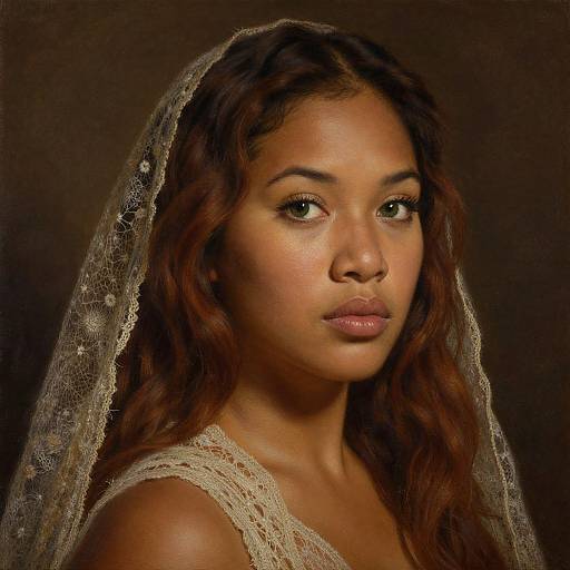 Photograph of a young Black woman with long, wavy brown hair, wearing a delicate lace veil and sleeveless lace top, gazing slightly to