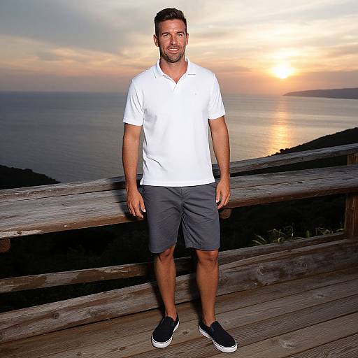 Photograph of a smiling, bearded man in white polo, gray shorts, and black sneakers, standing on a wooden deck at sunset with a serene