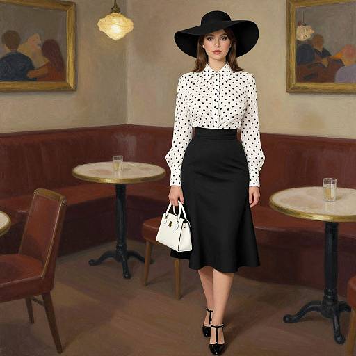 Photograph of a woman in a white polka-dot blouse, black skirt, wide-brim hat, holding a white handbag, standing in a
