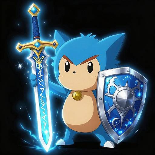 Cute, blue, chubby Pokémon with a determined expression, holding a glowing sword and ornate shield, set against a dark background. Digital art style