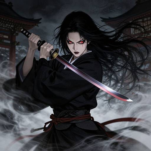 Digital anime art of a fierce, black-haired samurai with glowing red eyes, holding a glowing sword, surrounded by swirling smoke. Dark, traditional Japanese