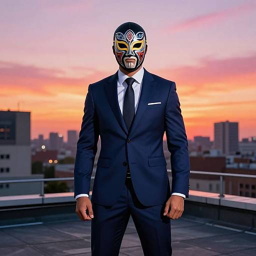 Photograph of a man in a dark blue suit, white shirt, and black tie, wearing a colorful lucha libre mask, standing on a rooftop