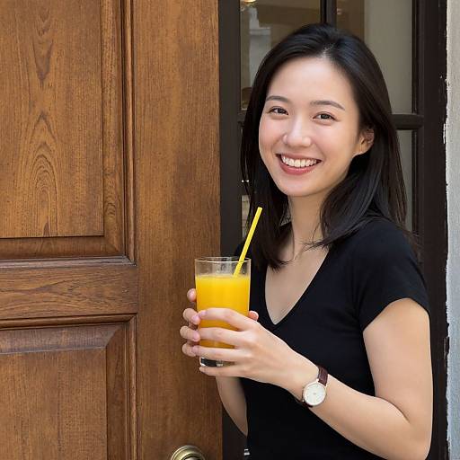 Smiling Asian woman with black hair, wearing a black V-neck shirt, holding an orange drink with a yellow straw, standing in front of a wooden