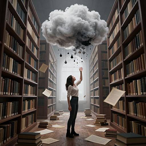 Photograph-style digital artwork: Woman with long brown hair, white shirt, black pants, reaching up at cloud with dripping ink and falling papers in a